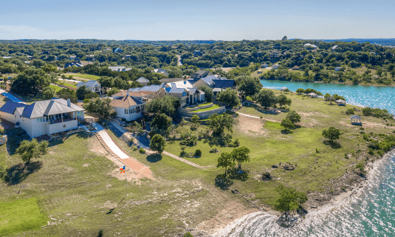 Drone image of a backyard with newly planted trees in Canyon Lake, TX