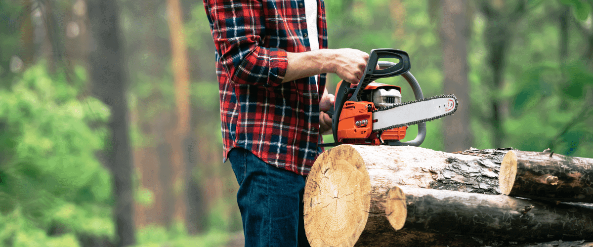 Arborist holding chainsaw getting ready to make firewood out of logs