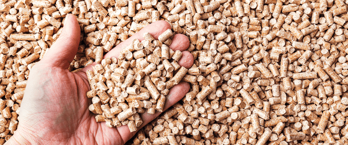 Image of a persons hand holding recycled sawdust pellets